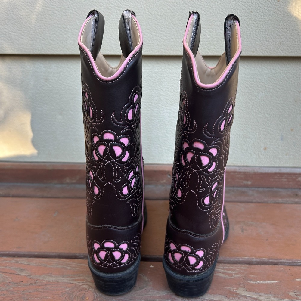 Old West Kids Western Cowboy Boots Brown Pink Rodeo Cut Out Flowers Size 2.5 - Picture 3 of 9